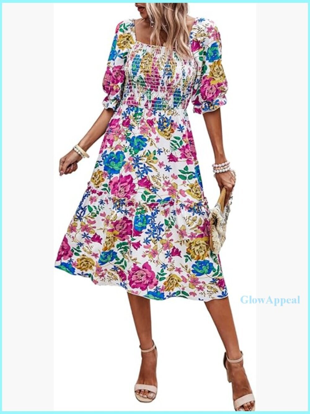 Puff Sleeve Square Neck A-Line Midi Dress Flowy Boho Floral Smocked
